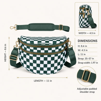 Measured dimensions: 11 by 4.5 by 8.6 inches, strap 35 to 57 inches