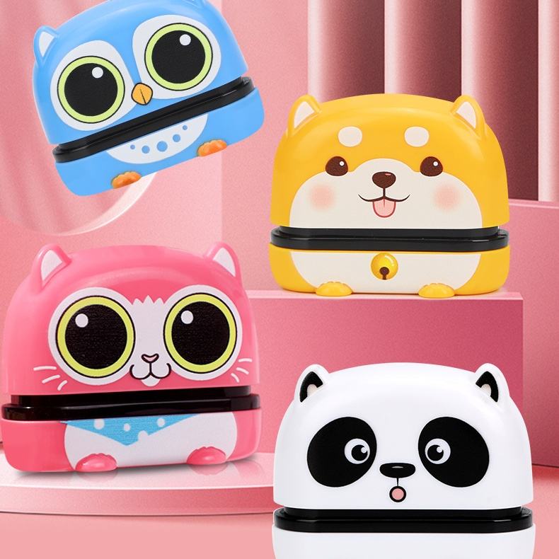 The four Stampira stamp styles: pink cat, panda, blue owl, yellow shiba