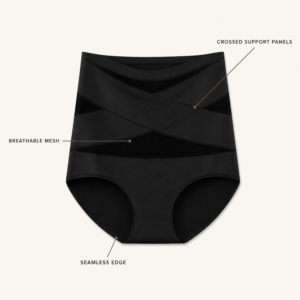 Crossed support panels, breathable mesh, seamless edge