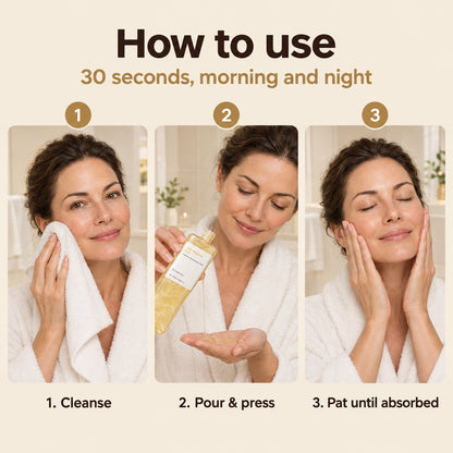 How to use: cleanse, pour and press, pat until absorbed