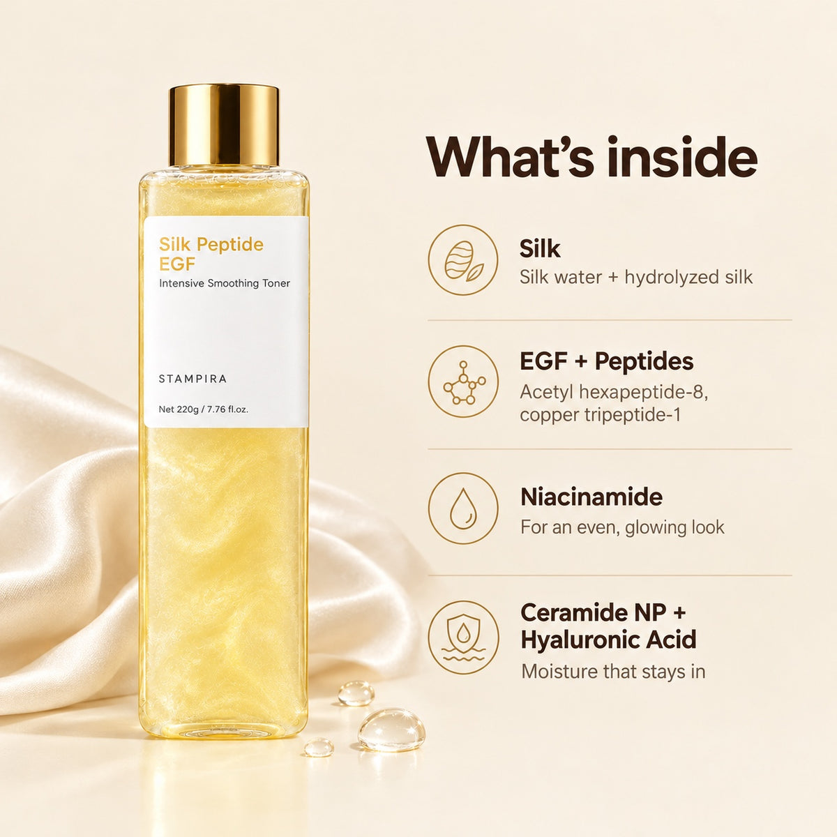 What's inside: silk, EGF and peptides, niacinamide, ceramide NP and hyaluronic acid